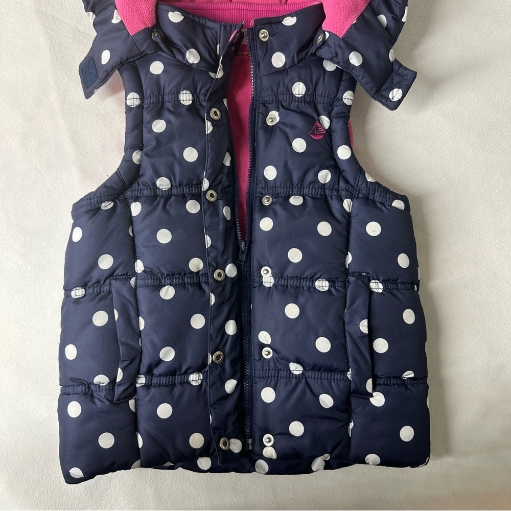 JoJo Maman Bébé Navy Polka Dot Puffer Vest 3Y Detachable Hood Fleece Lined - Picture 4 of 10
